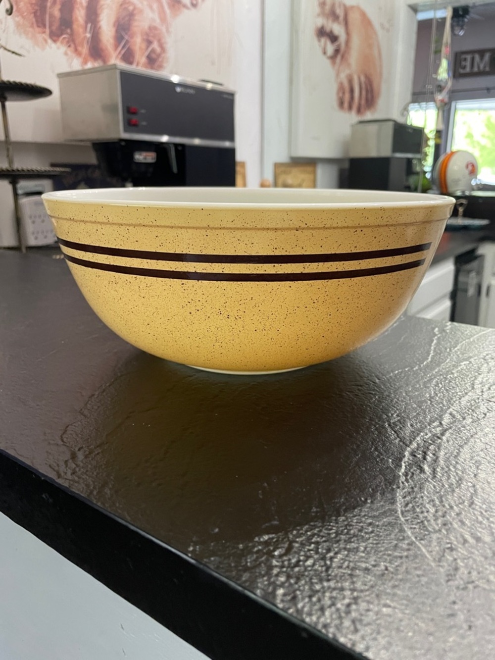 1960’s Pyrex Speckled Lines Yellow Mixing Bowl with Brown Stripes